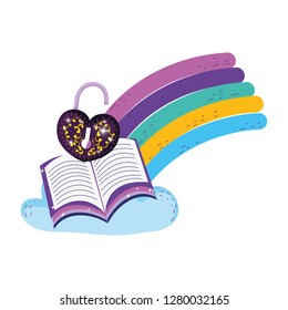 mystical padlock with heart shape and book in rainbow