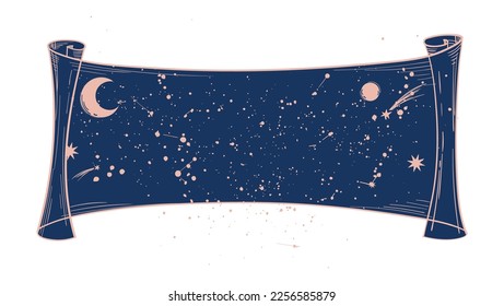 Mystical paper scroll with stars, galaxy map with copy space. Flat vector illustration of astrology, tarot, mystical papyrus isolated on white background. Heavenly design.