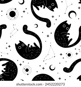 Mystical pattern with  black cats, moon and stars on a white background. Vector illustration.