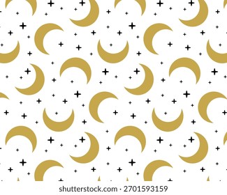 Patrón místico. Boho luna y estrellas. Fondo blanco aislado. Ilustración vectorial.