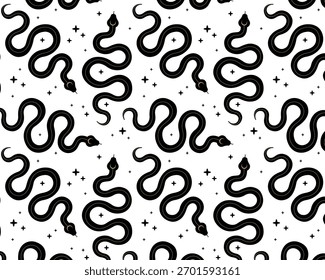 Mystical pattern. Boho Snakes and stars. Isolated white background. Vector illustration.
