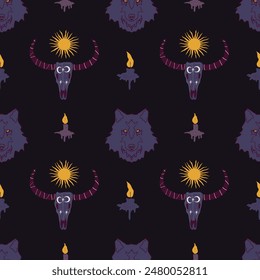 Mystical pattern with a decorated buffalo skull, wolf and candle. Seamless pattern in boho western style.