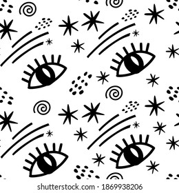 Mystical pattern with eye and stars. Vector seamless textured pattern. Hand drawn repeat background with eyes. Cute fabric design.
