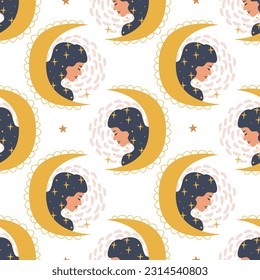 Mystical pattern. Girl and crescent. Seamless pattern. Vector illustration