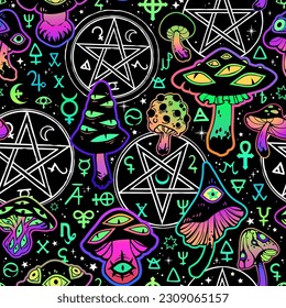 Mystical pattern of magical symbols and fantasy mushrooms