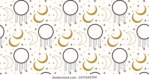 Mystical pattern with moons and stars, in color gold and black. It is ideal for use in digital and print design projects.