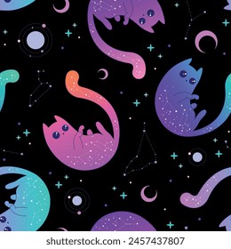 Mystical pattern with neon cats, moon and stars on a black background. Vector illustration. 