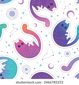 Patrón místico con gatos de neón, luna y estrellas sobre un fondo blanco. Ilustración vectorial. 