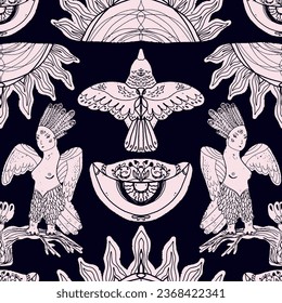 Mystical pattern. Sirins, birds, eyes. Sun. Vector seamless pattern