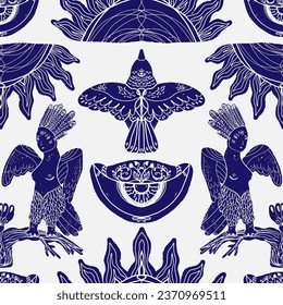 Mystical pattern. Sirins, birds, eyes. Sun. Vector seamless pattern	
