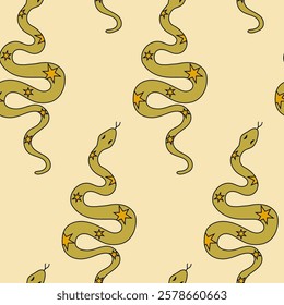 Mystical pattern with snakes decorated with stars in doodle style on a beige background. Symbol of 2025 according to the Chinese calendar.