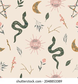 Mystical pattern with snakes, sun, moon and botanical elements. Occult concept for Halloween.