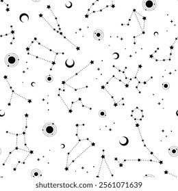 Mystical pattern with zodiac constellations, moon and stars on a white background. Vector illustration.