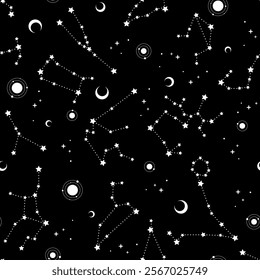 Mystical pattern with zodiac constellations, moon and stars on black background. Vector illustration.