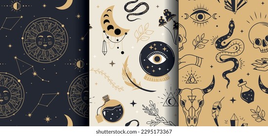 Mystical patterns set. Collection of repeating design elements for printing on fabric. Occultism and religion, esoteric, magic. Sacred ritual, holy and religion. Cartoon flat vector illustration