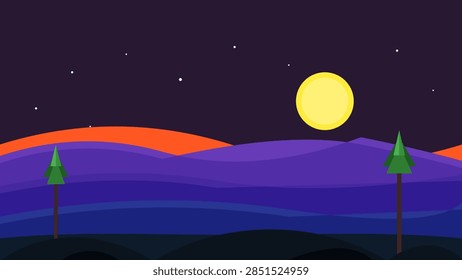 Mystical pine forest at sunset vector illustration featuring glowing sun, silhouette trees, and purple sky