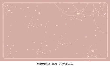 Mystical pink boho banner with stars and decor, witch cover, copyspace template for tarot, astrology, natural cosmetics. Flat vector cartoon banner.