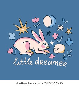 Mystical pink rabbit poster design. Day of the dead card with cute bunny and skull. Vector animal illustration in hand-drawn style with lettering - little dreamer