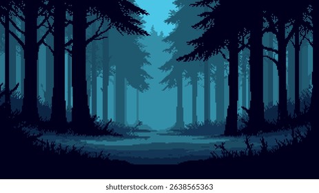 Mystical pixel art forest at twilight. Game level background with dark trees and foggy night. Retro atmosphere with pathway. 