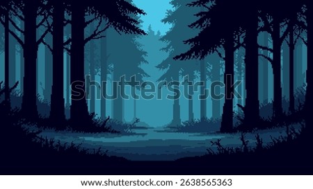 Mystical pixel art forest at twilight. Game level background with dark trees and foggy night. Retro atmosphere with pathway. 