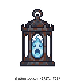Una linterna mística del arte del pixel hecha del metal oxidado que contiene un fantasma azul brillante o llama del alma, perfecta para los activos e iconos del juego de la fantasía retro.