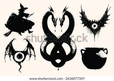 Mystical pixel sticker set. Witch, snake, occult eyes, and cauldron in dark halftone style. Perfect for Halloween, witchcore aesthetics, tattoo flash, and gothic design projects.