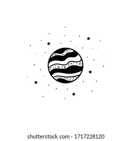 Mystical planet with stars and moon. Stars, constellations, moon. Hand drawn astrology symbol. For print for T-shirts and bags, decor element. Mystical and magical, astrology illustration. 