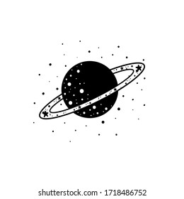 Mystical planet with stars and moon. Stars, constellations, moon. Hand drawn astrology symbol. For print for T-shirts and bags, decor element. Mystical and magical, astrology illustration. 