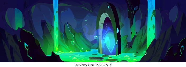 Portal místico a otra dimensión o nivel de juego en una cueva oscura con muros de piedra y líquido tóxico verde brillante con burbujas y niebla. Caricatura vectorial puerta mágica o puerta en el subsuelo rocoso o mazmorra.