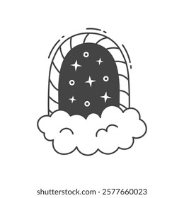 Mystical Portal Arch with Cloud. Hand drawn vector illustration of magical gate to outer space. Night sky door in doodle style