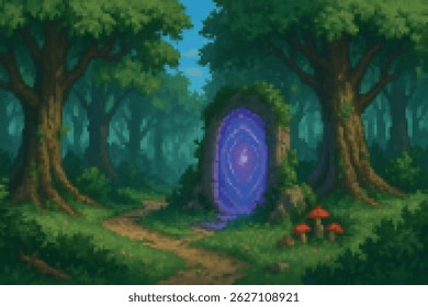 Mystical portal glowing purple between trees in a magical forest, surrounded by mushrooms and soft shadows. Perfect for fantasy 2D game backgrounds.