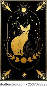 A mystical portrayal of two cats entwined, embodying celestial elegance with cosmic symbols against a dark backdrop