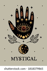 mystical poster with black hand, moon, eye