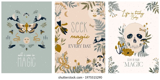 Mystical poster or cards collection with magic inspiration quote and mystical elements. Editable Vector Illustration.