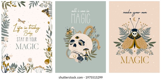 Mystical poster or cards collection with magic inspiration quote and mystical elements. Editable Vector Illustration.