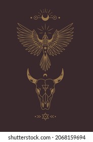 Mystical poster concept. Elegant banner with bull, phoenix and magic signs. Mythological design element for covers, postcards and wall decoration. Cartoon contemporary flat vector illustration