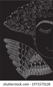 Mystical poster illustrations in hand drawn style. Black and white angel. Linear drawing of an angel girl. Abstract portrait of angel woman with wings. Freehand black and white outline. Dream of angel