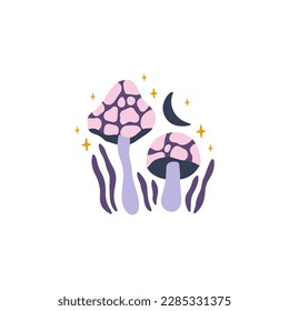 Mystical poster with mushroom agaric, moon, floral elements. Fantasy fungus vector illustration. Magical fairy clipart isolated on white. Whimsical forest plant.