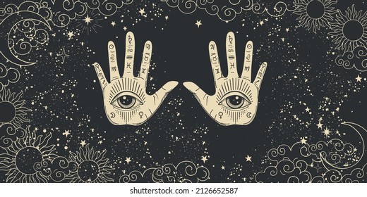 Mystical poster for numerology, astrology and future prediction. Two palms of a hand with an all-seeing eye on a mystical black background with the moon, sun, stars. Vector boho background for palmist