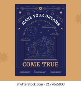 A mystical poster with a outline image of a woman in the herb, with a crescent moon above her. A symbol of female magic and power.