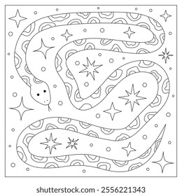 Mystical poster with a snake and stars. Hand drawn. Vector illustration.