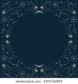 Mystical poster with stars, constellations and moon phases. Magical banner in blue color with a place for text. Esoteric backdrop