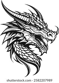 A mystical and powerful dragon head illustration featuring intricate details and bold lines. The dragon's fierce eyes glow with a captivating energy, while its scales shimmer in a unique, ethereal pat