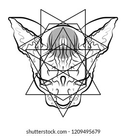 Mystical print. Black and white graphics, tattoo, print, symbol. Cool vector cat.