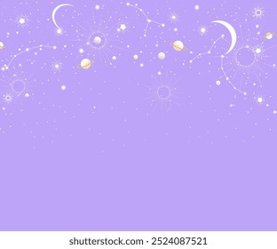 Mystical purple background with celestial elements including stars, moons, planets, and constellations, creating an ethereal night sky atmosphere.