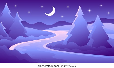 Mystical purple horizontal landscape of road through spruce forest on stars and moon background.