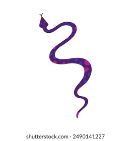 Mystical purple snake, vector illustration. Cartoon snake with round spots for witchcraft, alchemical symbols and Wicca rituals, on an isolated background.