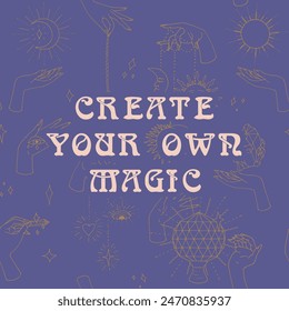 Mystical quote Create Your Own Magic on celestial background with sun and moon. Spiritual social media post template