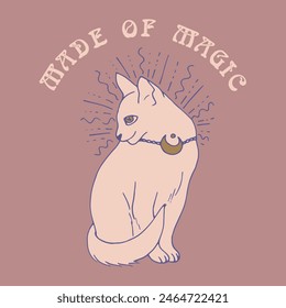 Mystical quote Made of Magic with white cat illustration. Spiritual social media post template