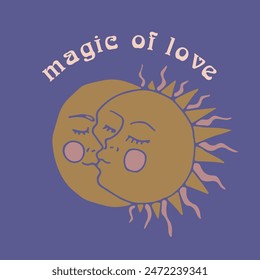 Mystical quote Magic of Love with kissing sun and moon. Spiritual social media post template